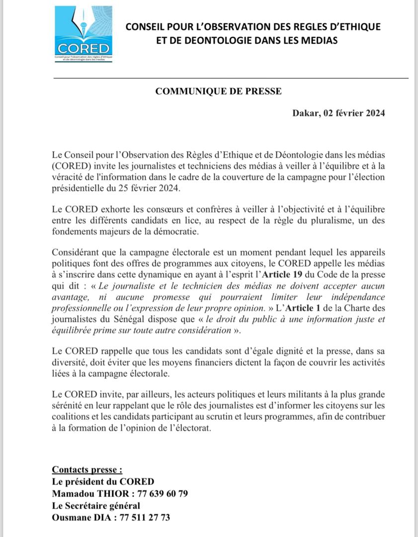 Presidentielle 2024: le CORED exhorte les journalistes à "veiller à l'objectivité et à l'équilibre entre les différents candidats"