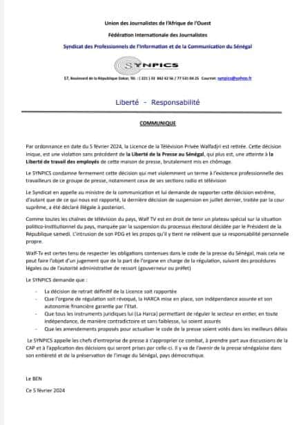 Retrait de la licence de Walf: le Synpics dénonce "une violation sans precedent de la liberté de la presse" et appelle à l'unité des medias