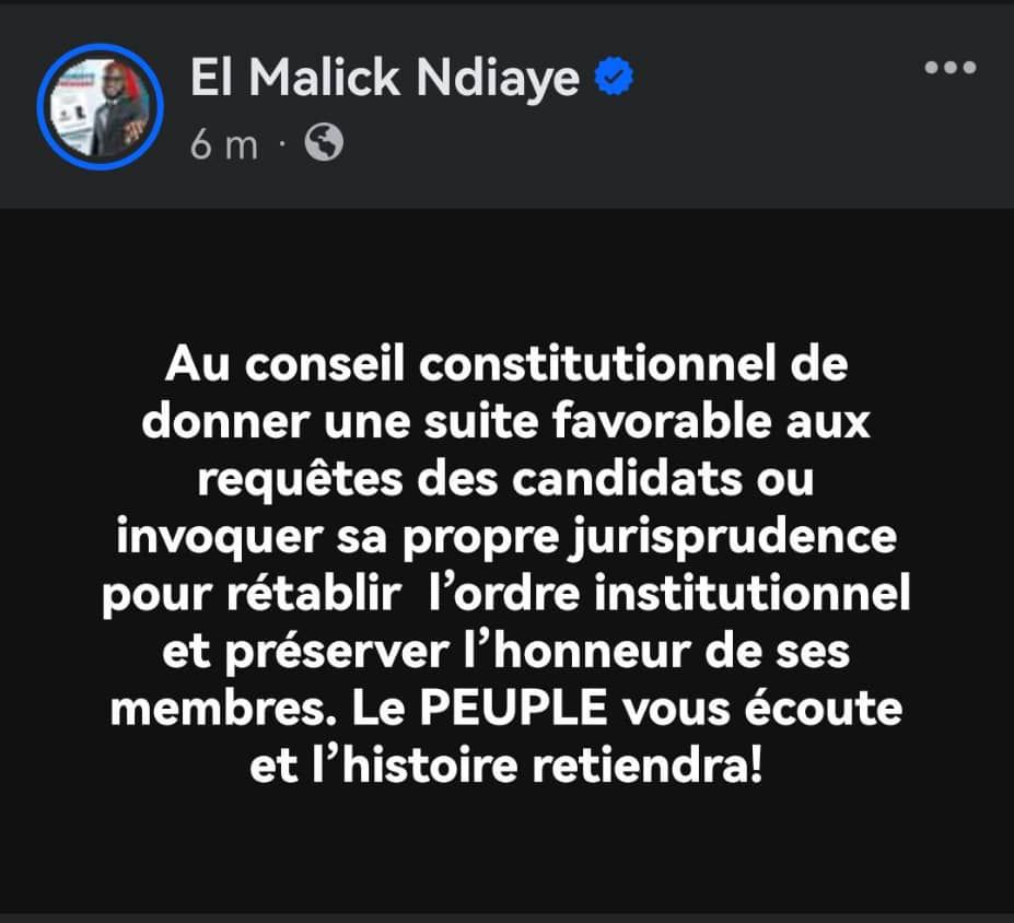 Recours des candidats au conseil constitutionnel : l'invite de El Malick Ndiaye demande aux 7 sages