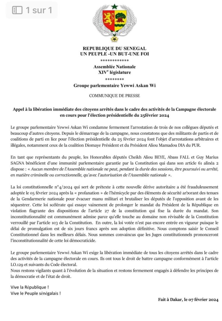 Communiqué-Yewi appelle à la libération de toutes les personnes arrêtées hier