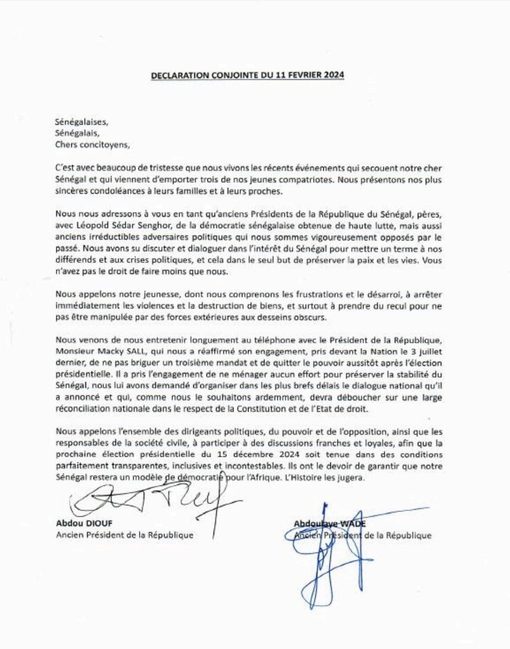 Crise politique: l'invite des anciens presidents Abdoulaye Wade et Abdou Diouf à la jeunesse sénégalaise