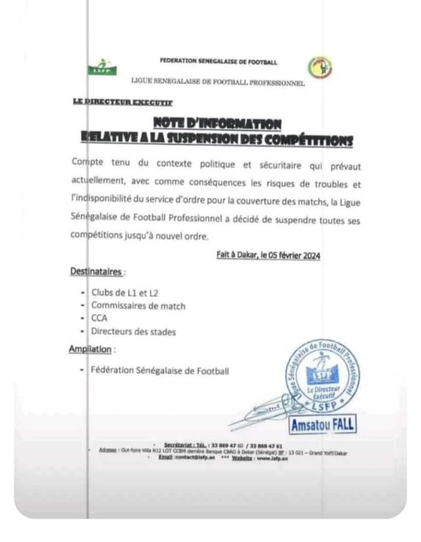 Ligue sénégalaise de football professionnel: toutes les compétitions suspendues sine die