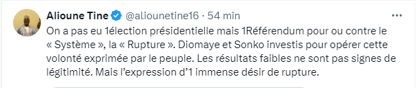 Alioune Tine : "On a pas eu une élection présidentielle mais un référendum..."