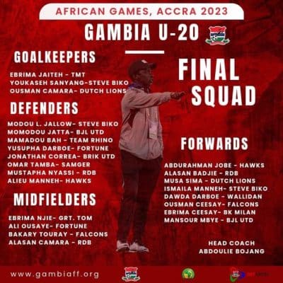 Jeux Africains U20 : Le sélectionneur de la Gambie Abdoulie Bojang lâche ses 23 scorpions