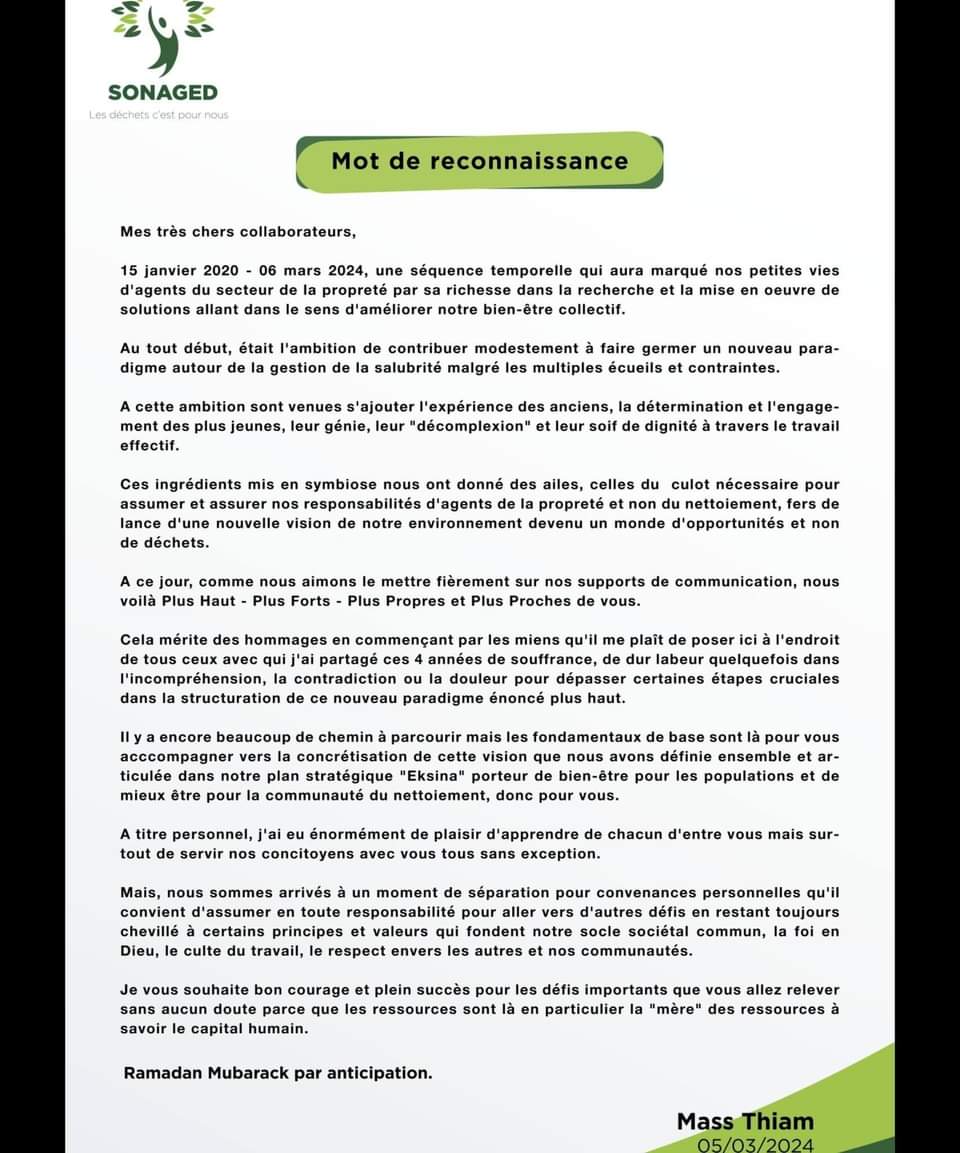 Sonaged : L'adresse de Mass Thiam à ses collaborateurs