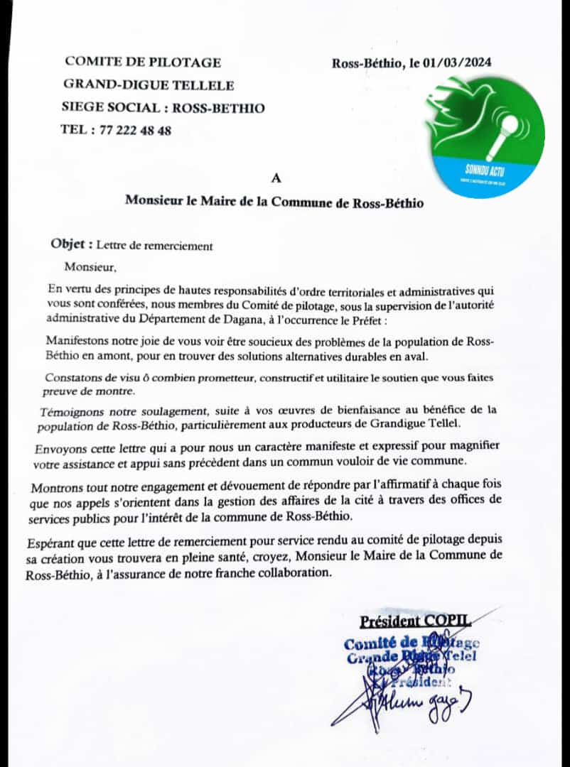 Comité de pilotage Grand-Digue Tellele : Lettre de remerciement au Maire de la Commune de Ross Bétho