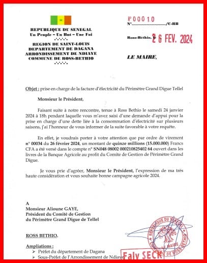 Comité de pilotage Grand-Digue Tellele : Lettre de remerciement au Maire de la Commune de Ross Bétho