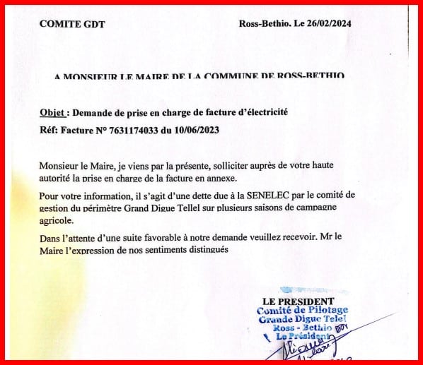 Comité de pilotage Grand-Digue Tellele : Lettre de remerciement au Maire de la Commune de Ross Bétho