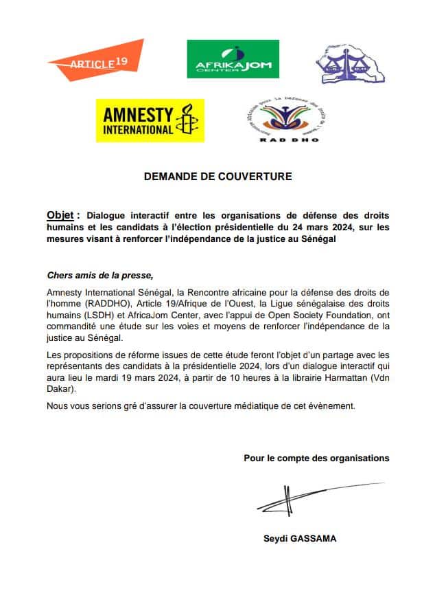 Pour le renforcement de l'Indépendance de la Justice: les organisations de défense des droits humains et candidats à la présidentiels entament des pourparlers