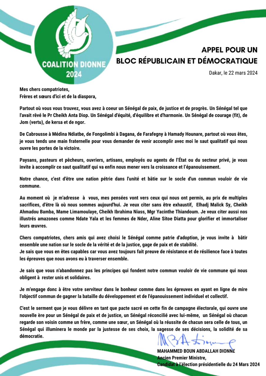 Appel pour un bloc républicain et démocratique : Mahammed Boune Abdallah Dionne s'adresse aux Sénégalais