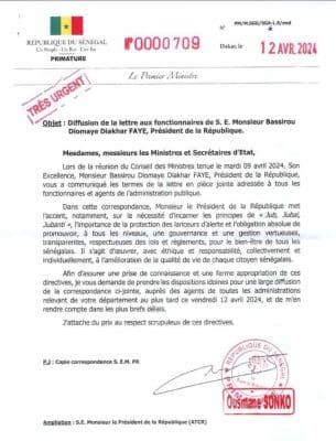 Lettre du Pr Diomaye Faye aux fonctionnaires et agents de l’administration : Ousmane Sonko demande une "large diffusion"