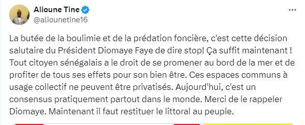 Interdiction de construire sur le littoral - A. Tine salue la décision de Diomaye :"Ça suffit maintenant !"