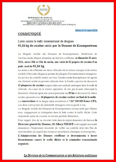 Koumpentoum : 91,84 kg de cocaïne saisis par la Douane