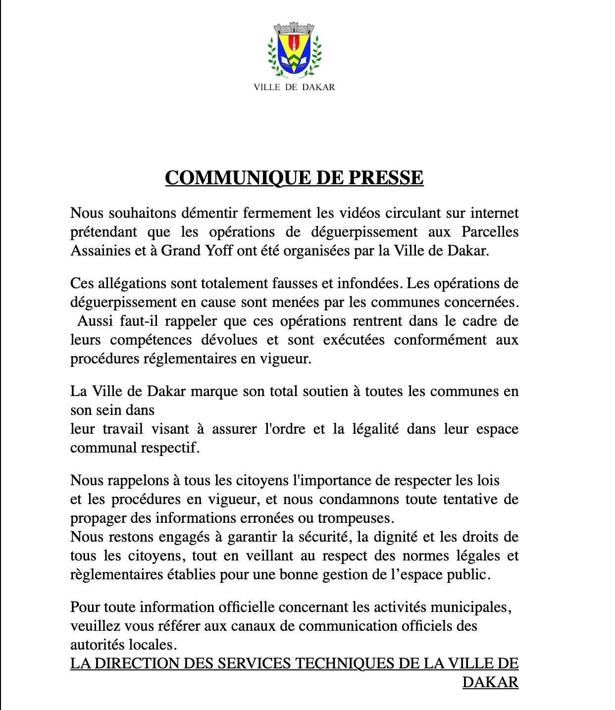 (Document) La Mairie de Dakar dément formellement toute implication dans les opérations de déguerpissement à Grand Yoff et aux Parcelles Assainies.