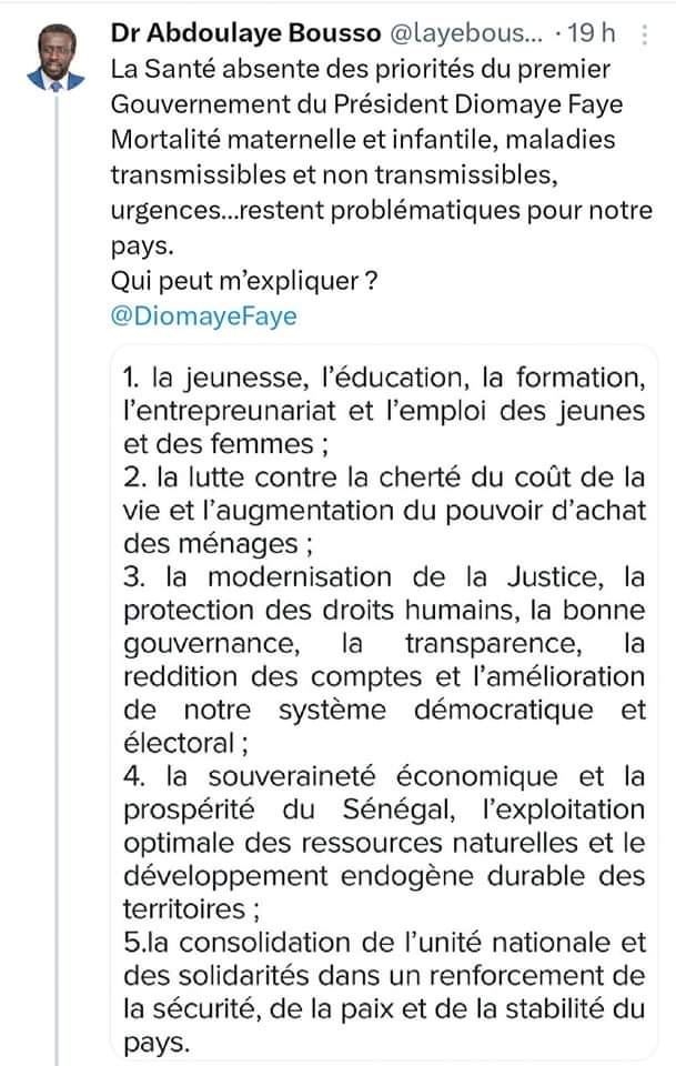 Cinq priorités listées par le gouvernement : La question de la santé omise (Dr A.Bousso)