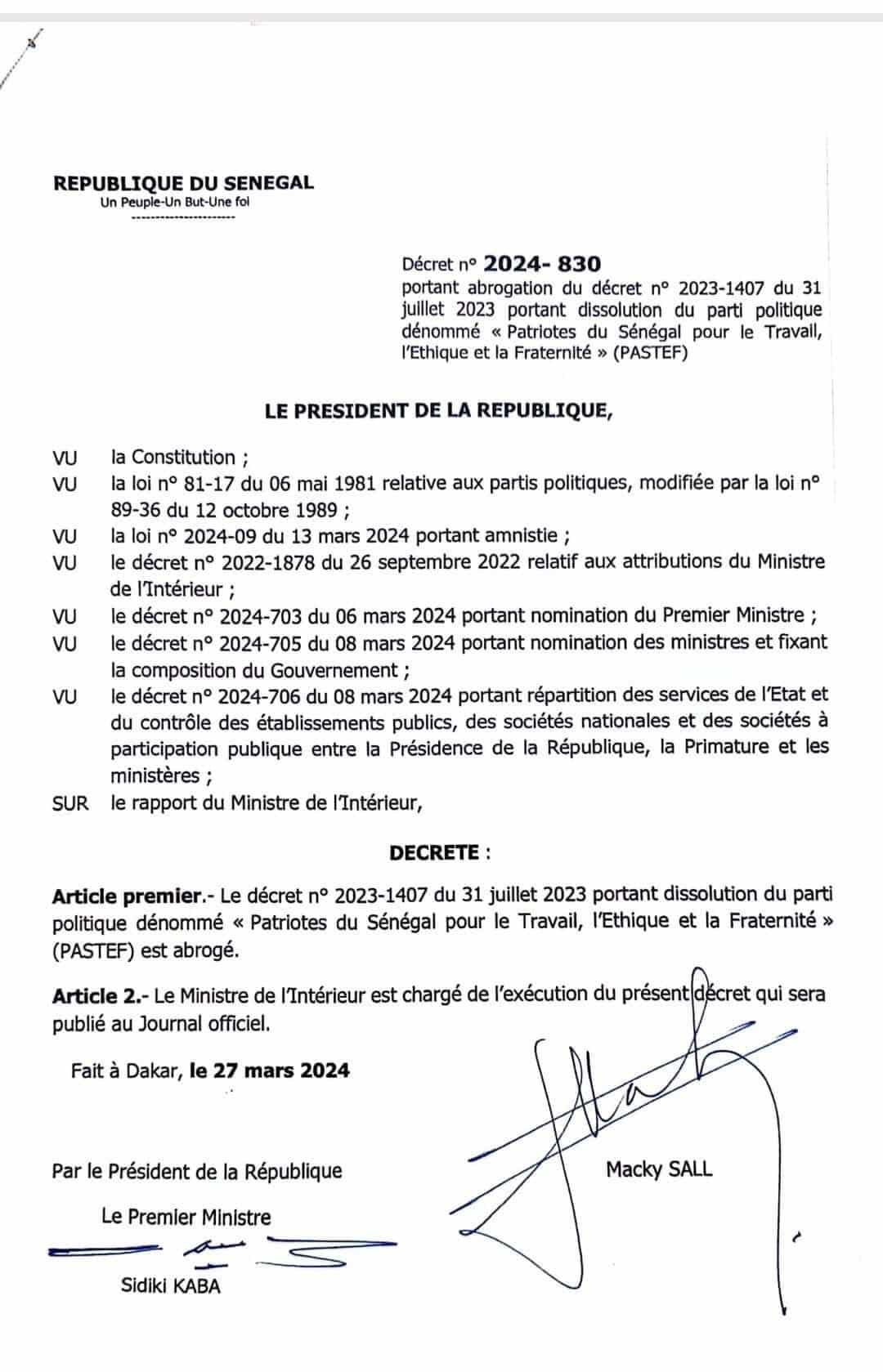 Dissolution de Pastef : Le décret abrogé !