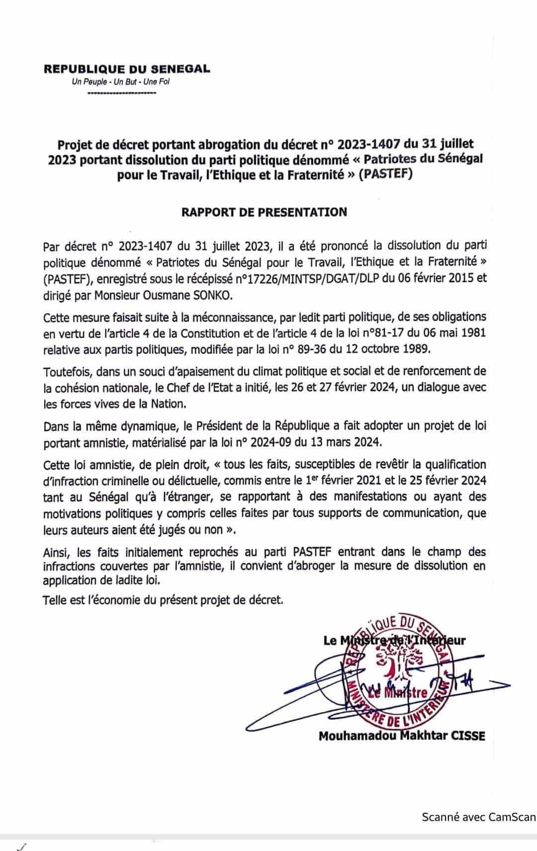 Dissolution de Pastef : Le décret abrogé !