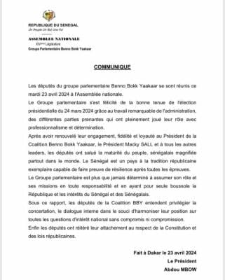 Questions d'intérêt national : Les députés de BBY "entendent privilégier la concertation et le dialogue interne"