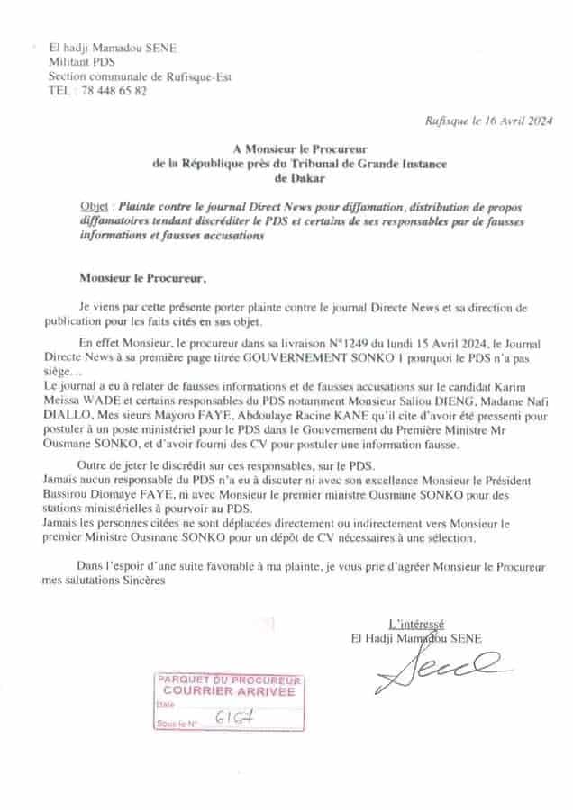 Urgent : Le PDS porte plainte contre Direct News pour "diffamation"