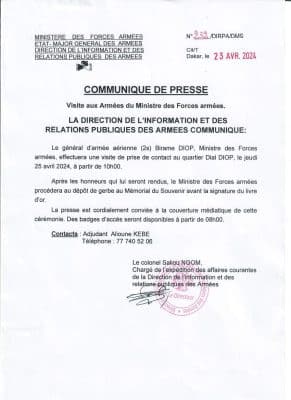 Le Général Birame Diop va effectuer une visite de prise de contact au quartier Dial DIOP, jeudi