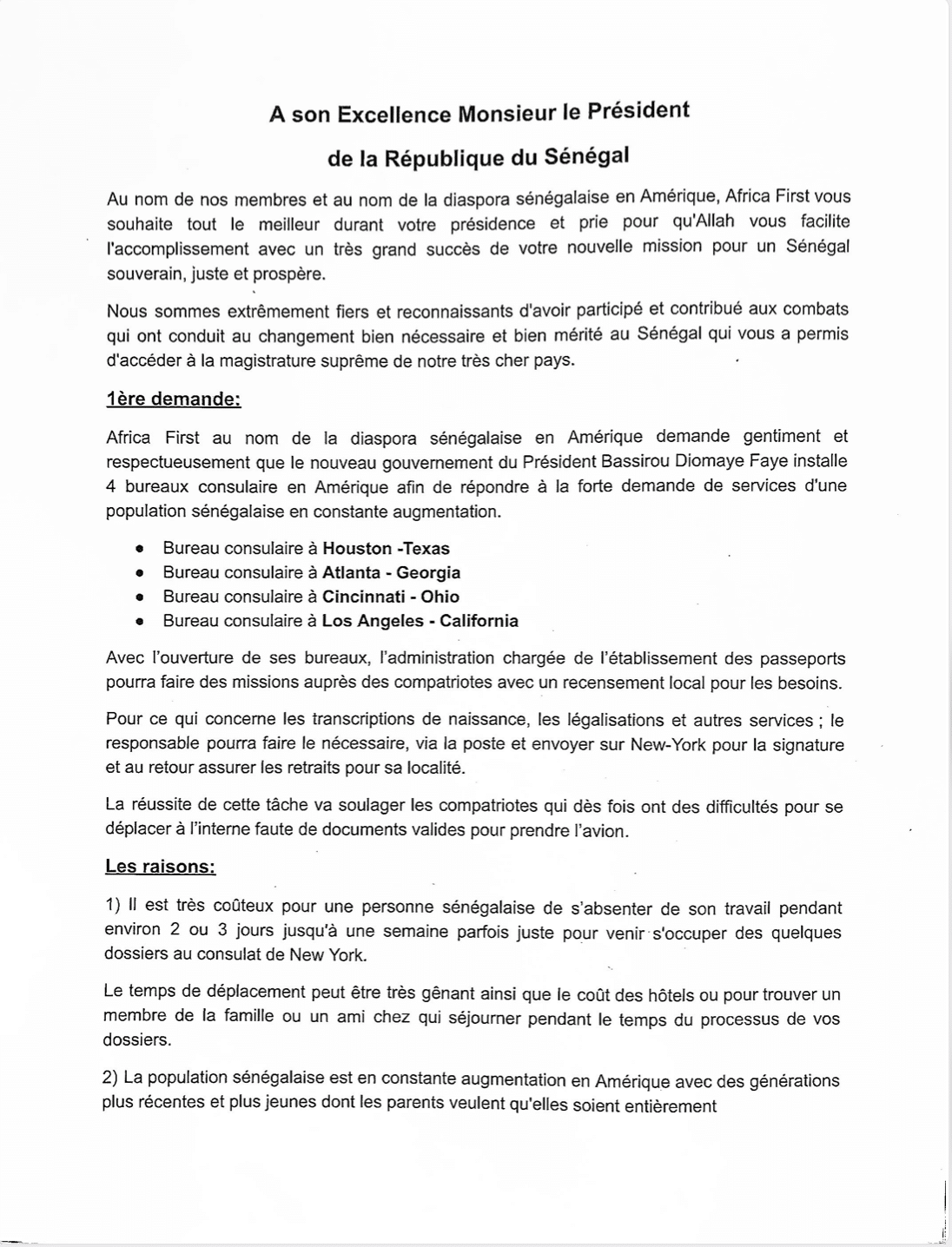 Ong Africa First : Le Président Malang Gassama demande au Président Diomaye d'installer 4 bureaux consulaires en Amérique