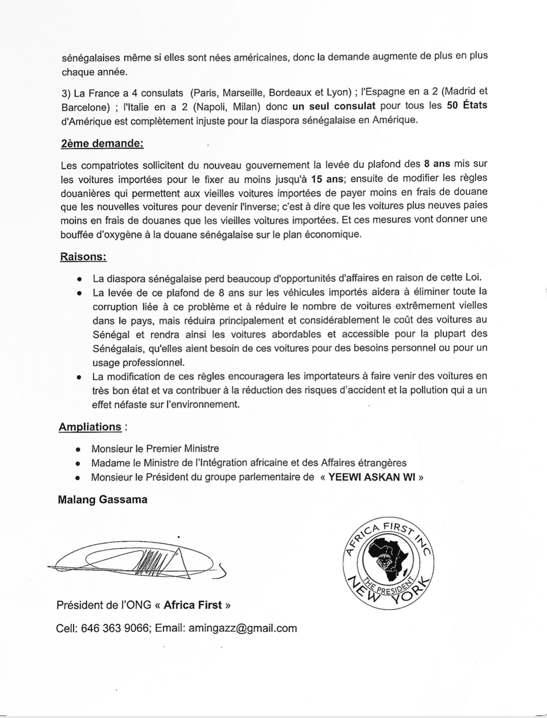 Ong Africa First : Le Président Malang Gassama demande au Président Diomaye d'installer 4 bureaux consulaires en Amérique