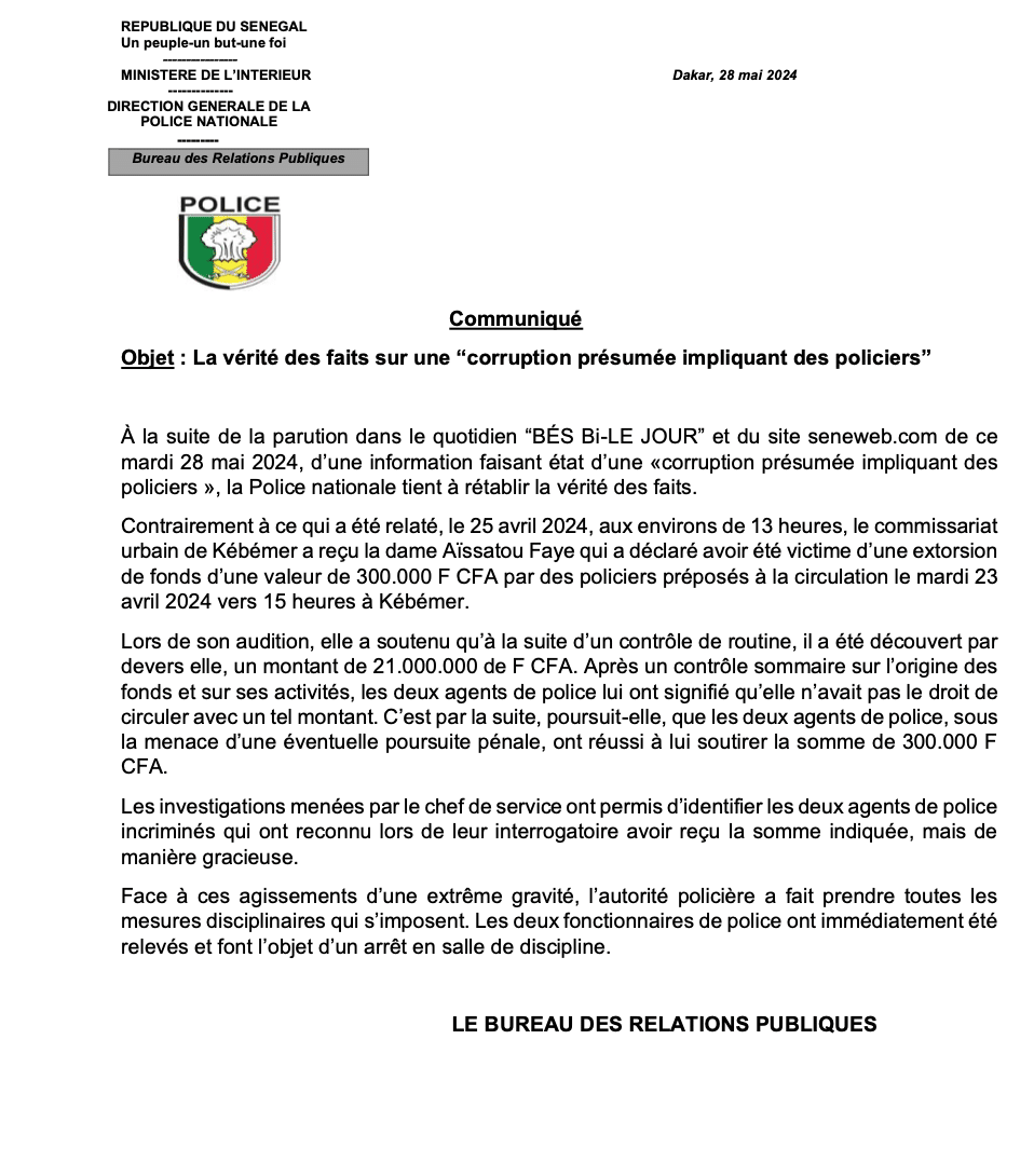"C0rrùpt!0n pr£sùmée impliquant des p0liciers" avec la fille de Mansour Faye: la police sort un communiqué & rétablit la vérité