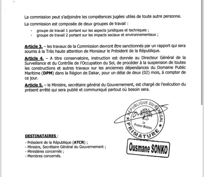Urgent - Domaine Public Maritime : Le Pm Sonko suspend toutes les constructions et autres travaux sur les anciennes dépendances