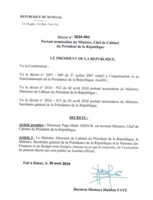 Papa Mada NDOUR, nommé Ministre, Chef de Cabinet du Président de la République