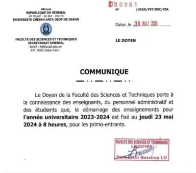 FST-UCAD : Les cours démarrent ce 23 mai pour les primo-entrants