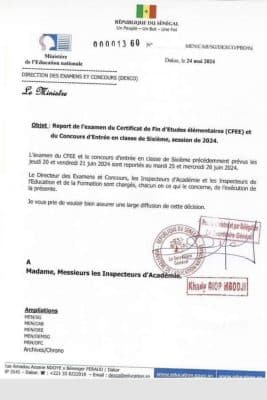 Éducation : Report de l'examen du CFEE et du concours d'entrée en classe de sixième session 2024