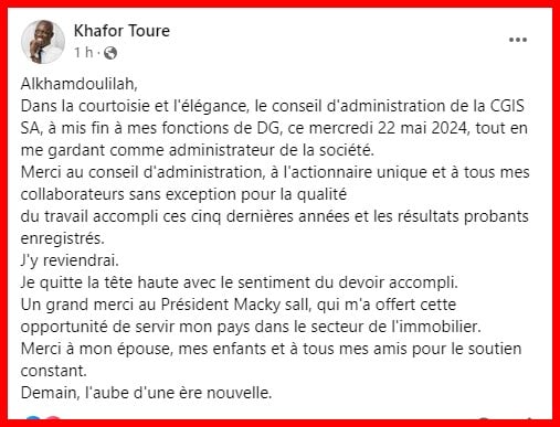 CGIS SA : Abdou Khafor Touré, DG sortant devient l'administrateur de la société