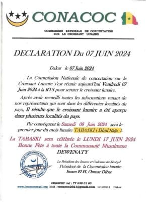 CONACOC : "La Tabaski sera célébrée au Sénégal le lundi 17 juin 2024"