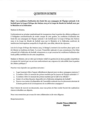 Fonds alloués aux lions pour la CAN 2023 et la Coupe du monde 2022 : Cheikh Thioro Mbacke écrit au ministre des sports