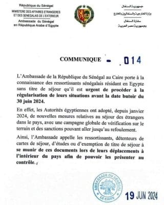 Titres de séjour en Egypte : L’Ambassade du Sénégal prévient les Sénégalais !