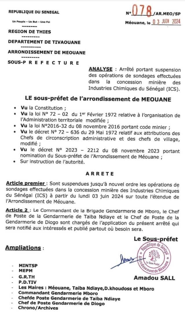 ICS: suspension des opérations de sondage dans la concession minière de Méouane (Tivaouane)