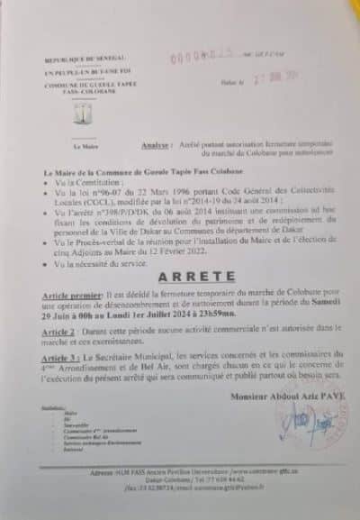Pour des opérations d’assainissement: la mairie acte la fermeture du marché de Colobane