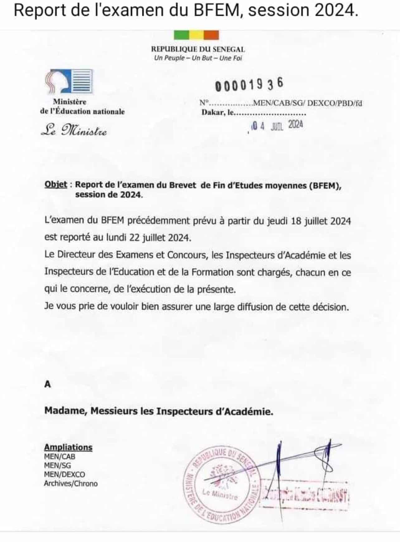 Prévu le 18 juillet : L'examen du BFEM reporté...