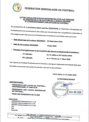 FSF : Les périodes des compétitions nationales et d'enregistrement des Joueurs fixées