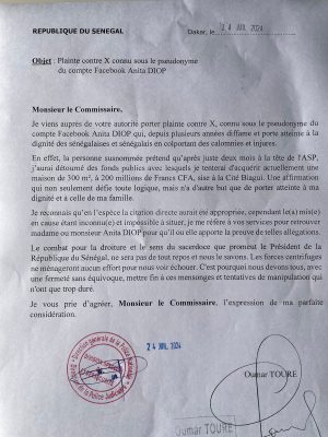 Seydina Oumar Touré adresse une plainte contre X connu sous le pseudonyme du compte Facebook Anita DIOP