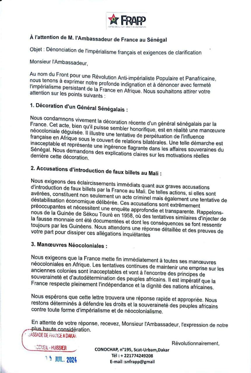 Décoration du Général Kandé : Le Frapp dénonce "les manœuvres de l'impérialisme français"