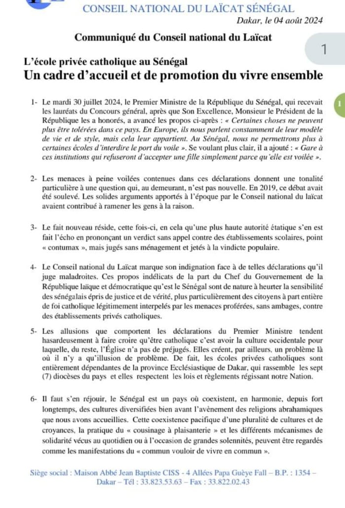 Déclarations du PM SONKO sur le voile : le Conseil National du Laïcat exige le respect des règlements des écoles privées catholiques