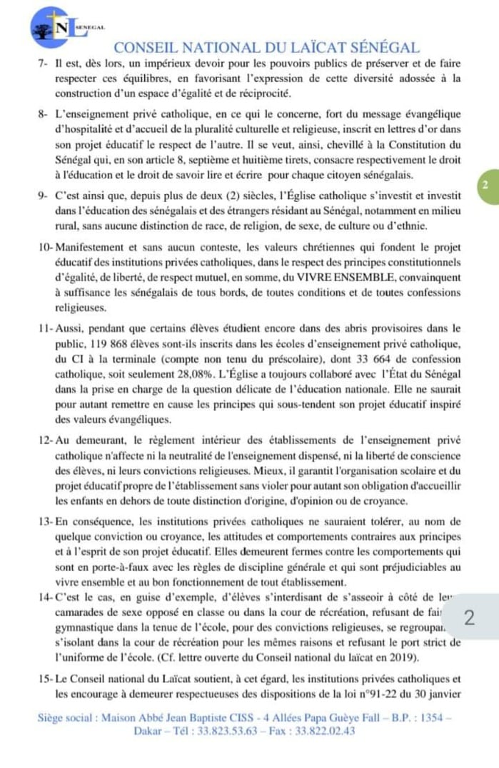 Déclarations du PM SONKO sur le voile : le Conseil National du Laïcat exige le respect des règlements des écoles privées catholiques