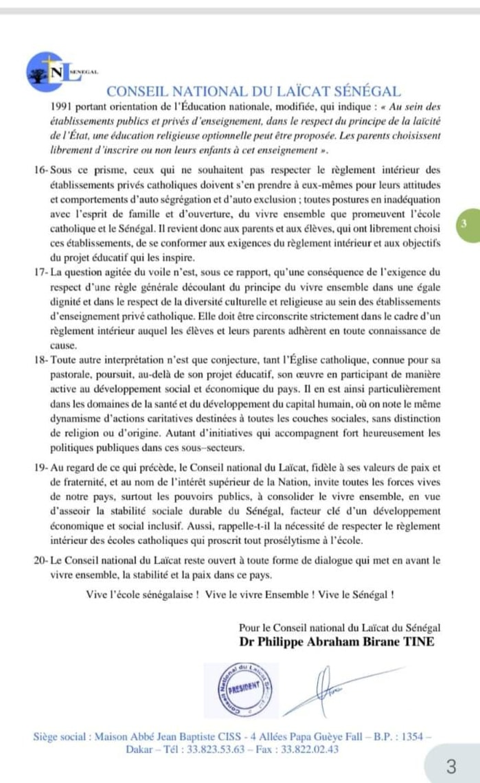 Déclarations du PM SONKO sur le voile : le Conseil National du Laïcat exige le respect des règlements des écoles privées catholiques