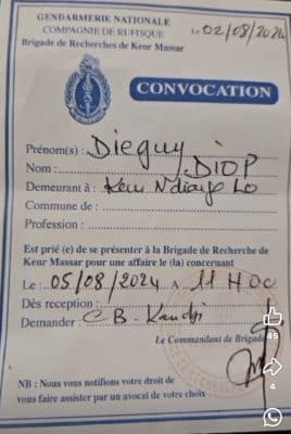Dieguy Diop convoquée à la Section de Recherches de Keur Massar, le lundi 05 août