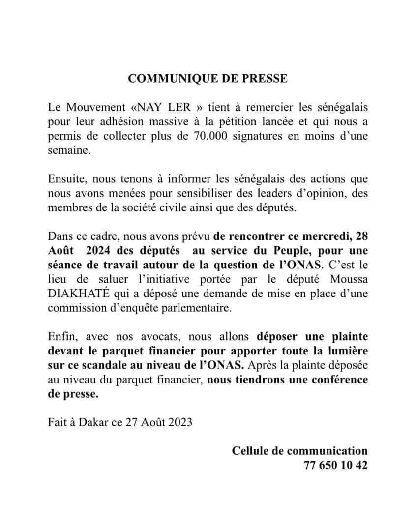 Affaire ONAS : Le Mouvement Nay Ler va déposer une plainte au parquet financier