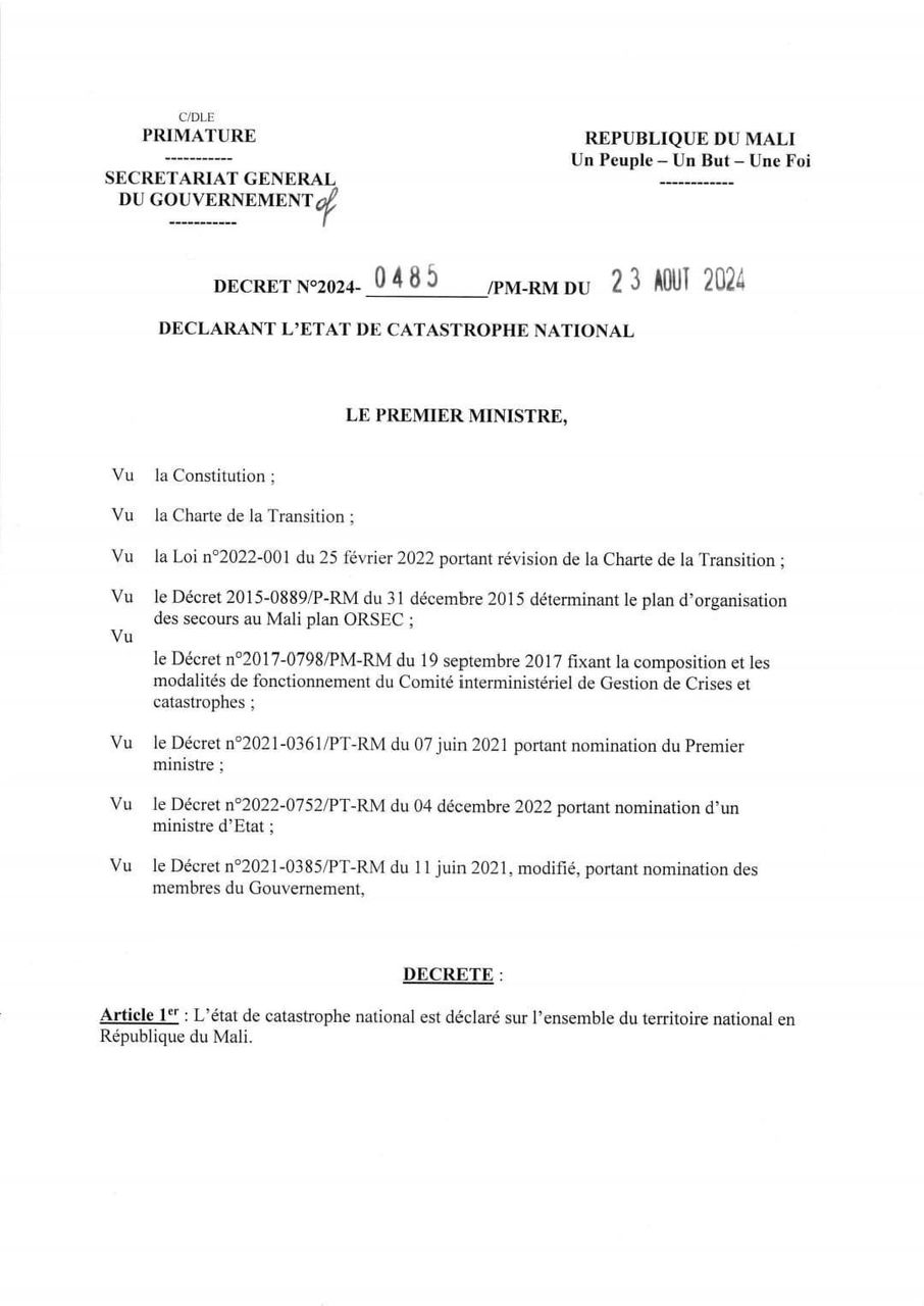 URGENT: État de catastrophe national est décrété au Mali (Documents)