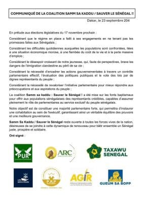 Législatives : La grande coalition dénommée SAMM SA KADDU/SAUVER LE SÉNÉGAL voit le jour !