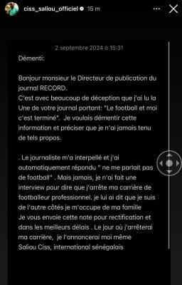 Football : Saliou Ciss dément les propos du journal record et annonce qu’il n’a pas encore arrêté sa carrière