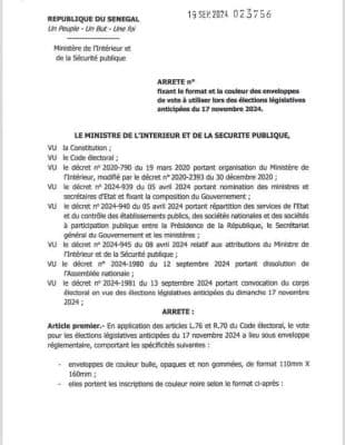 Élections législatives du 17 novembre : Le ministre de l’intérieur fixe le format et la couleur des enveloppes de vote